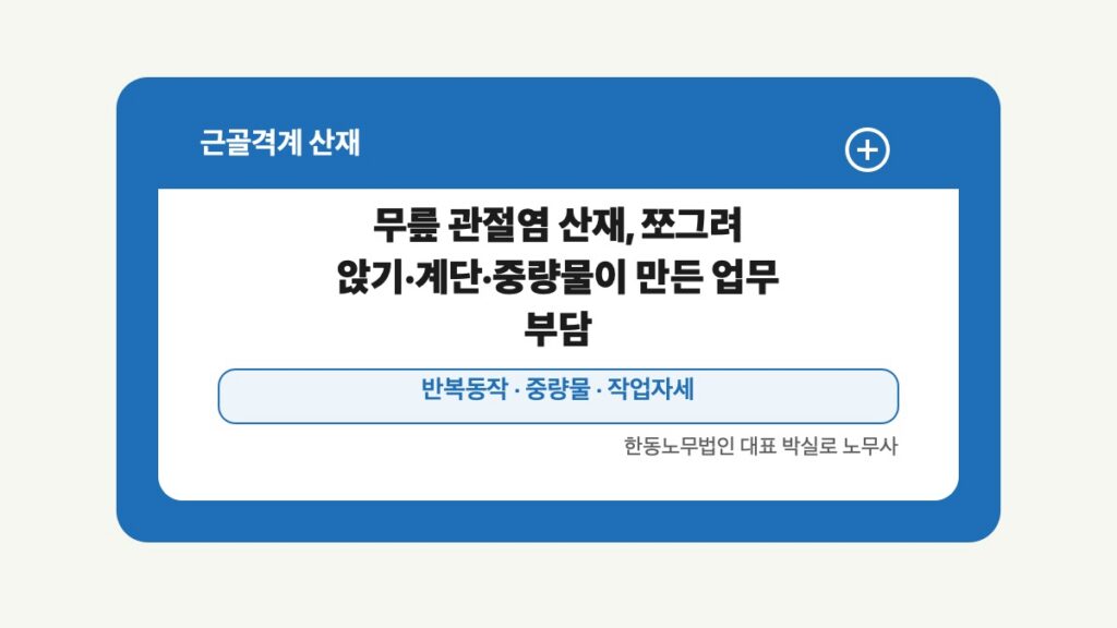 광주 전남 근골격계 산재 글 대표 이미지 - 무릎 관절염 산재, 쪼그려 앉기·계단·중량물이 만든 업무 부담 상담 준비자료 안내