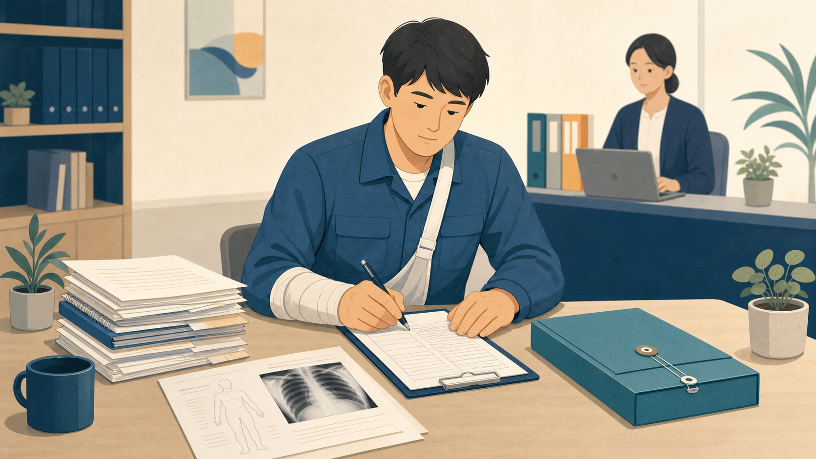사업주 확인이 없는 산재 신청을 위해 자료를 정리하는 근로자